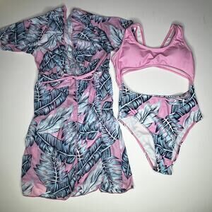 Girls One Piece Cut Out Pink Swimsuit with Coverup New 9Y